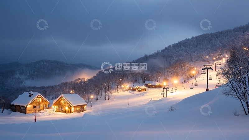 高清大图下载【趣麦麦图】雪山夜景小屋灯光