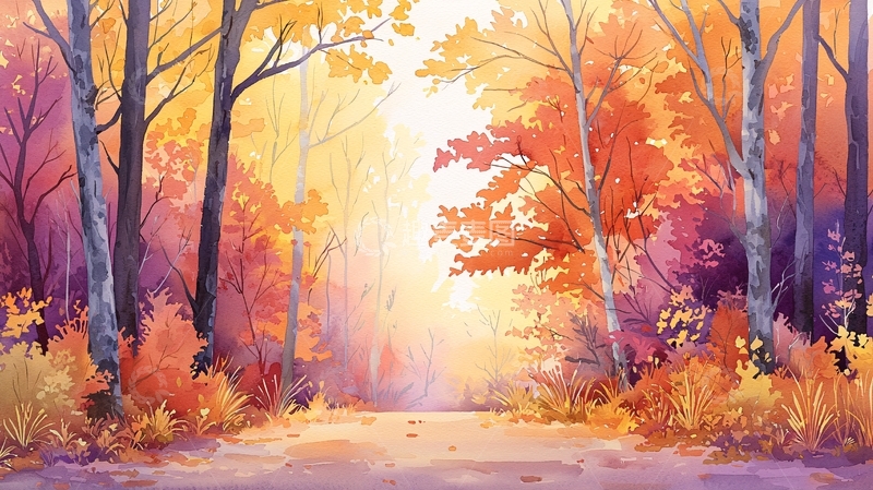 高清大图下载【趣麦麦图】秋季树林小路温暖光线