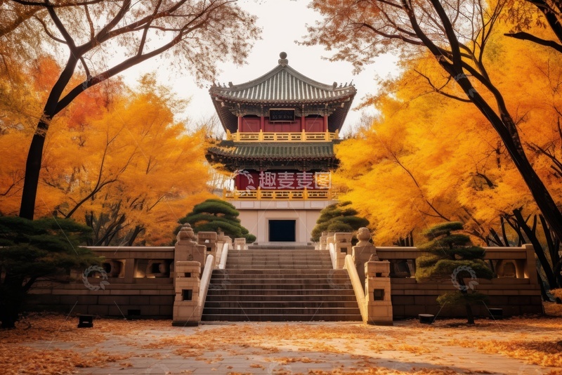 高清大图下载【趣麦麦图】秋季落叶寺庙建筑