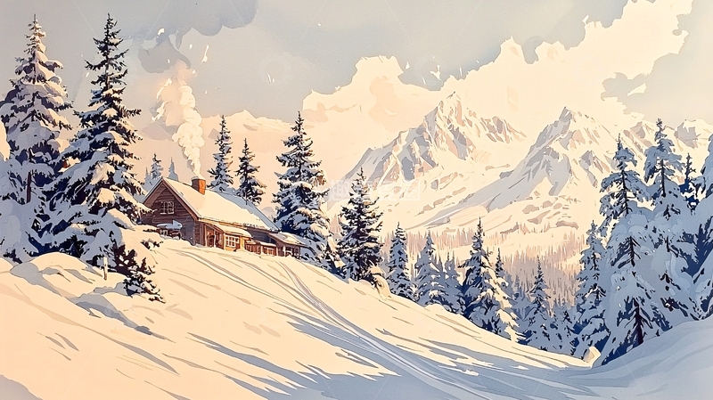 高清大图下载【趣麦麦图】雪山小屋的油画