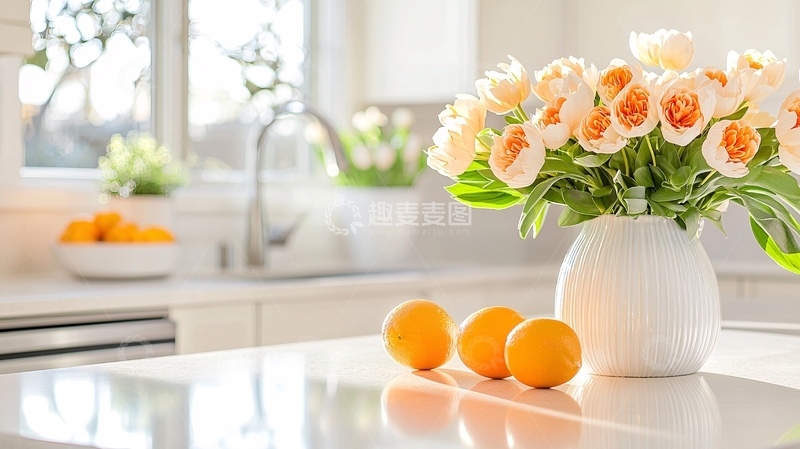 高清大图下载【趣麦麦图】明亮厨房台面花卉水果