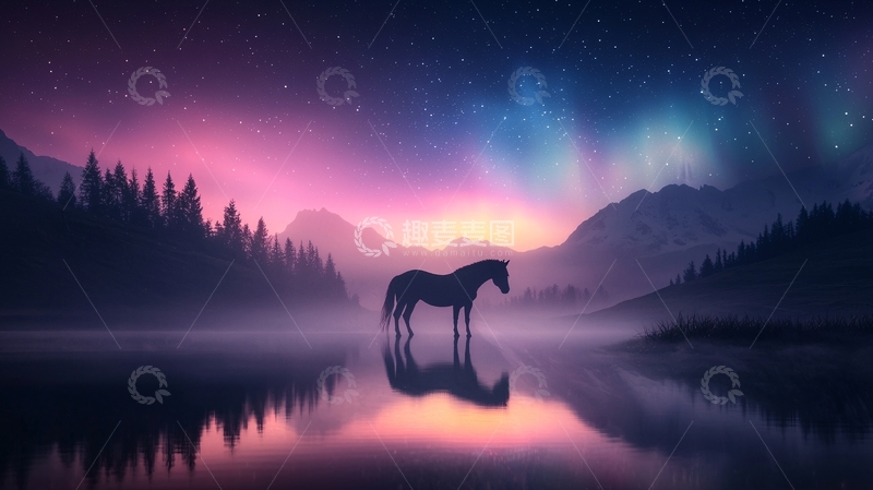 高清大图下载【趣麦麦图】马在湖边星空下