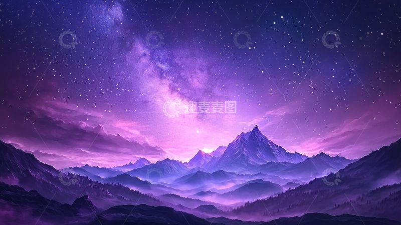 高清大图下载【趣麦麦图】紫色星空下的山峰