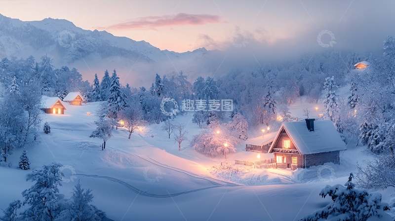 高清大图下载【趣麦麦图】雪山小屋夜景
