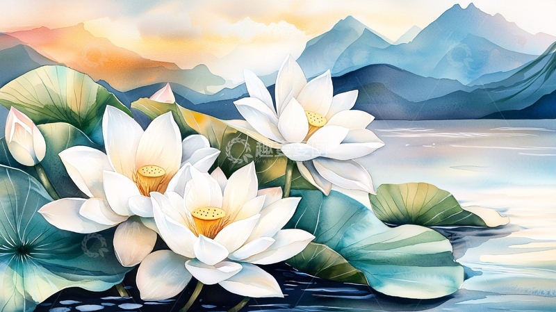 高清大图下载【趣麦麦图】白莲花水墨山水风景