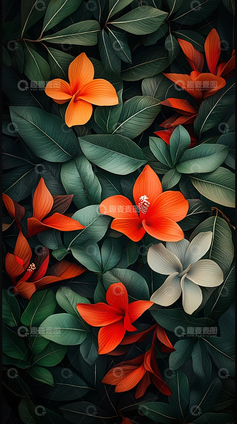 橙色花朵和绿色叶子特写