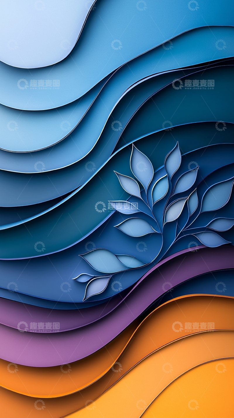高清大图下载【趣麦麦图】蓝橙色渐变纸艺波浪