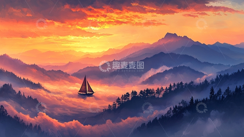 高清大图下载【趣麦麦图】日落时分的山间帆船