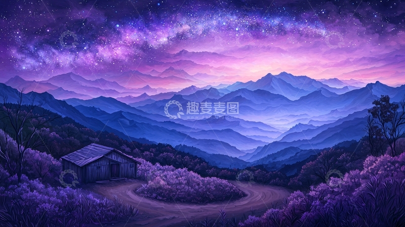 高清大图下载【趣麦麦图】紫色的星空山景小屋