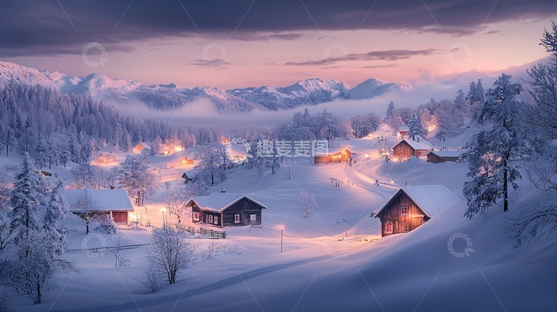 高清大图下载【趣麦麦图】雪夜村庄高清图片