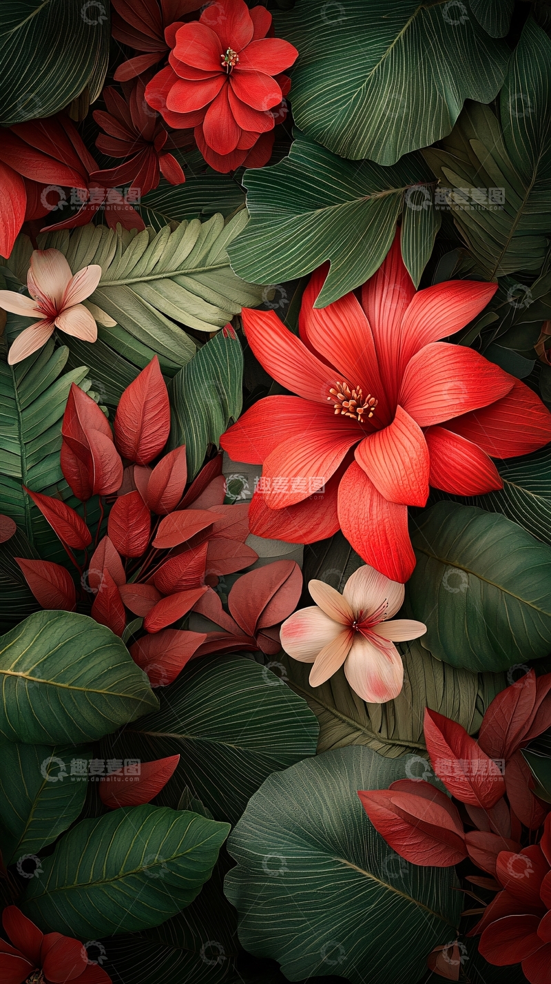 高清大图下载【趣麦麦图】红色花朵绿叶植物