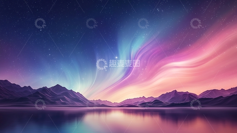 高清大图下载【趣麦麦图】极光天空下的宁静湖面