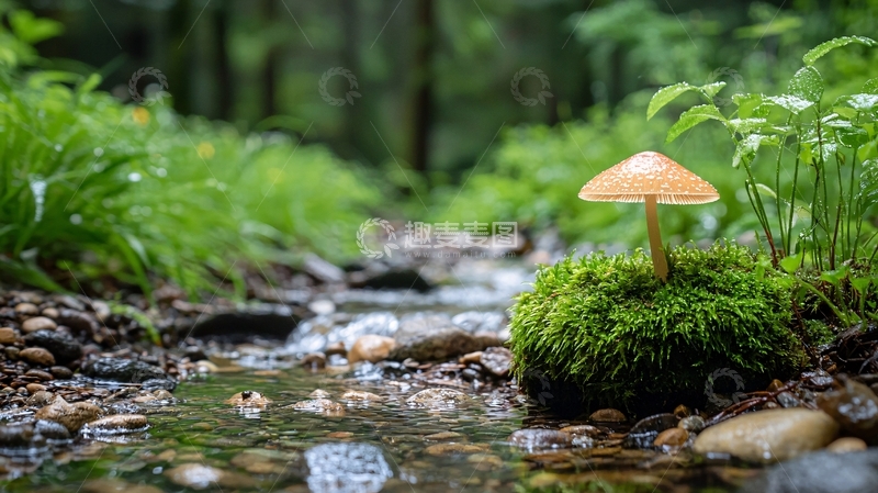高清大图下载【趣麦麦图】小溪旁的蘑菇和绿植