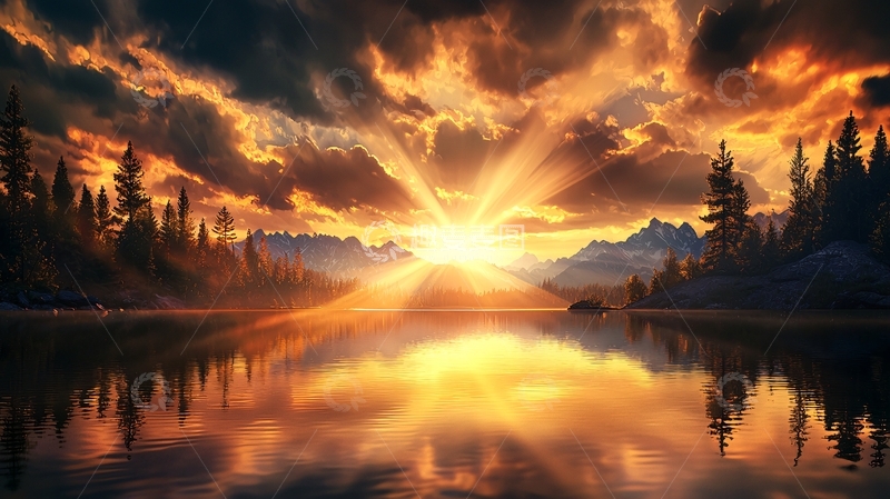 高清大图下载【趣麦麦图】金色湖面日出森林