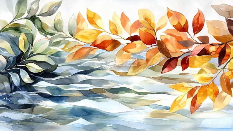 高清大图下载【趣麦麦图】水彩树叶与水面光影