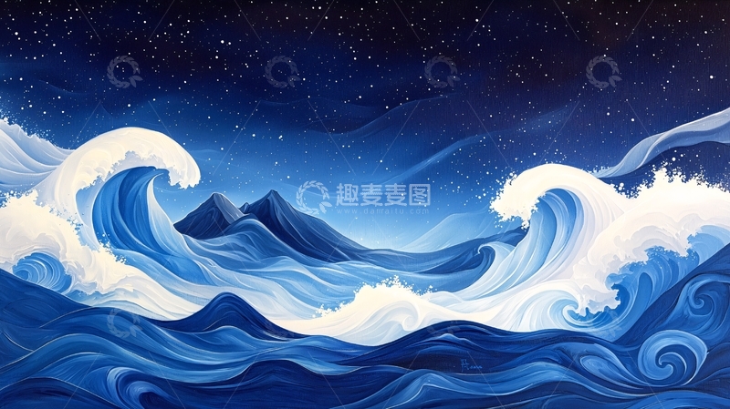 高清大图下载【趣麦麦图】波涛汹涌的海洋夜晚