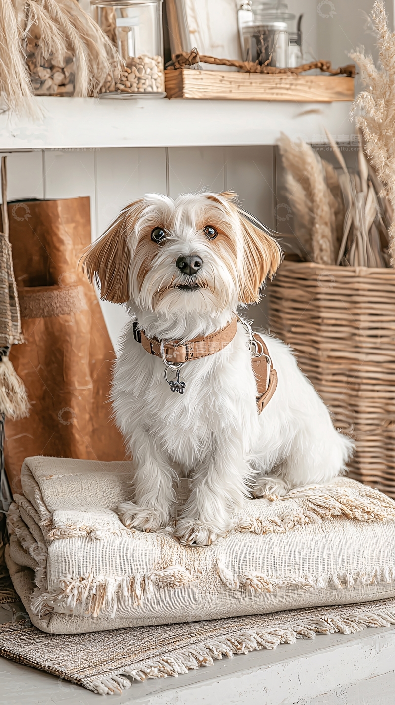 高清大图下载【趣麦麦图】可爱的小狗坐在毯子上