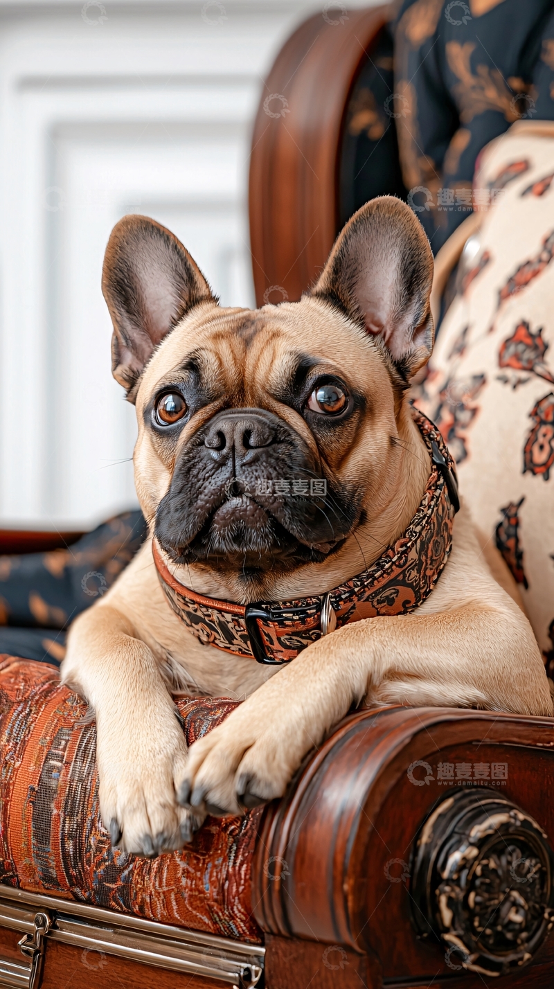 高清大图下载【趣麦麦图】法斗慵懒地坐在椅子上