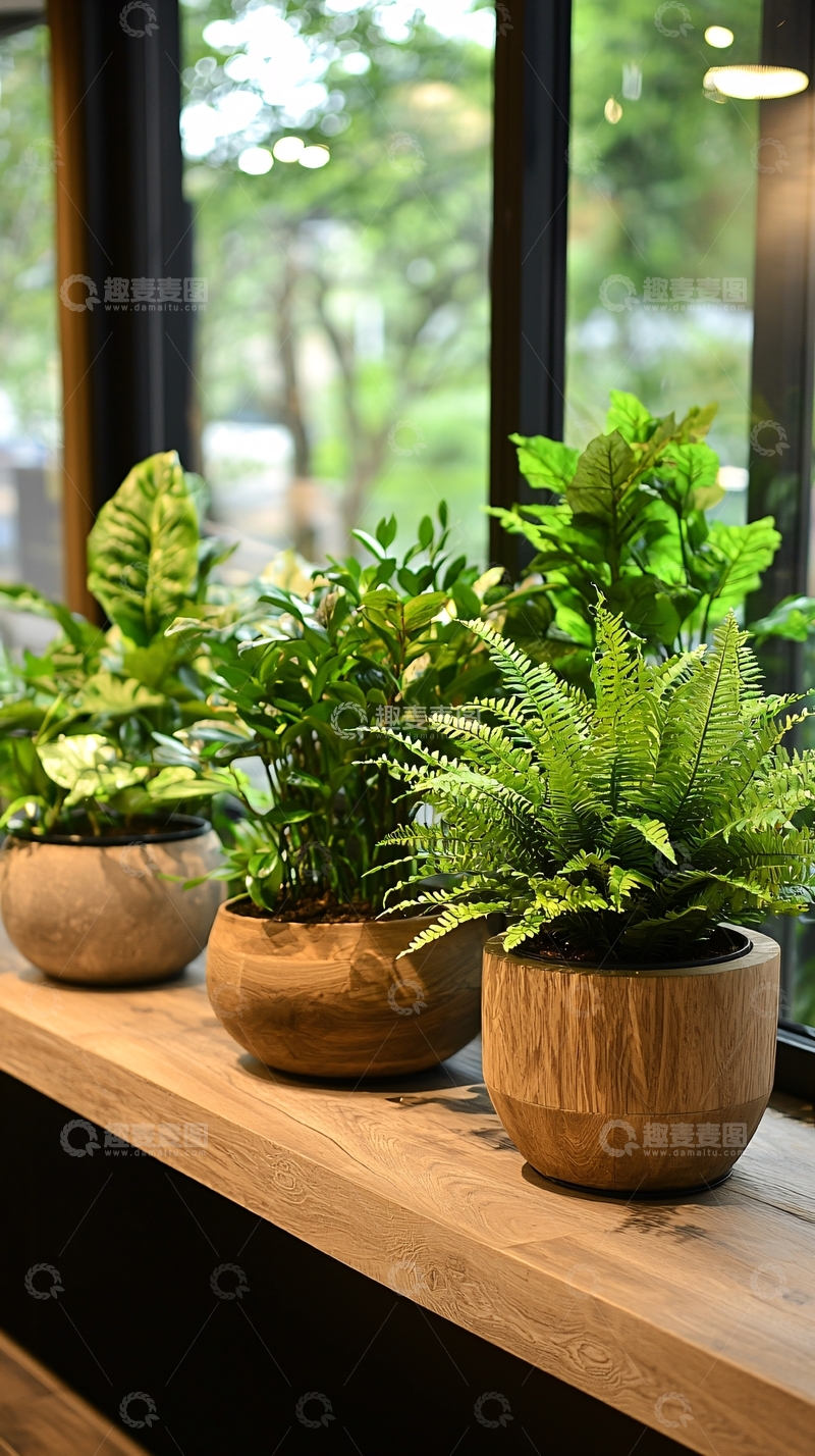 高清大图下载【趣麦麦图】窗边木质花盆中的蕨类植物