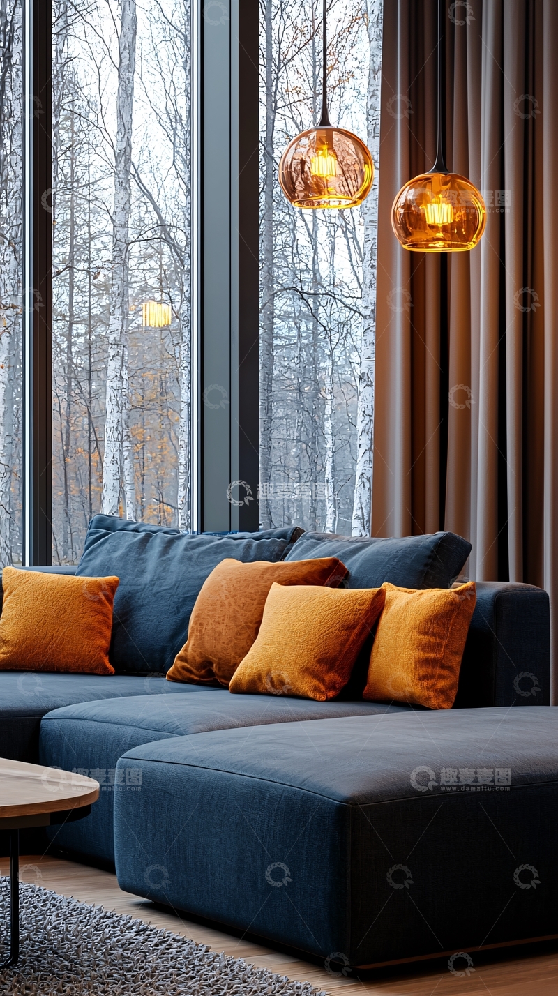 高清大图下载【趣麦麦图】蓝色沙发旁的落地窗
