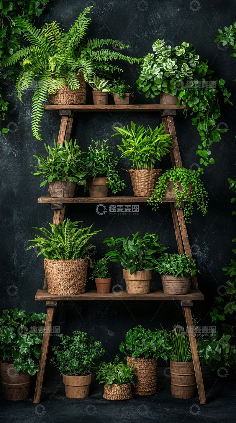 高清大图下载【趣麦麦图】绿植盆栽在木梯上