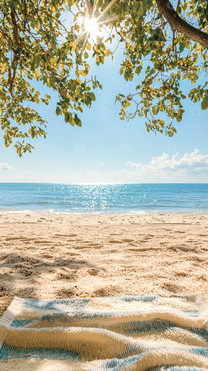 高清大图下载【趣麦麦图】海边阳光树荫下的沙滩
