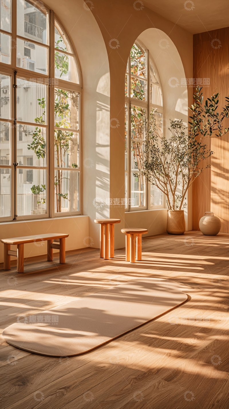 高清大图下载【趣麦麦图】阳光洒在瑜伽垫上的室内空间