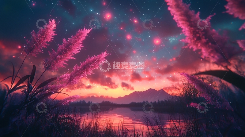 高清大图下载【趣麦麦图】梦幻星空下的芦苇荡