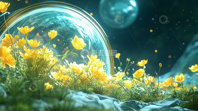 高清大图下载【趣麦麦图】鲜花围绕的透明球体