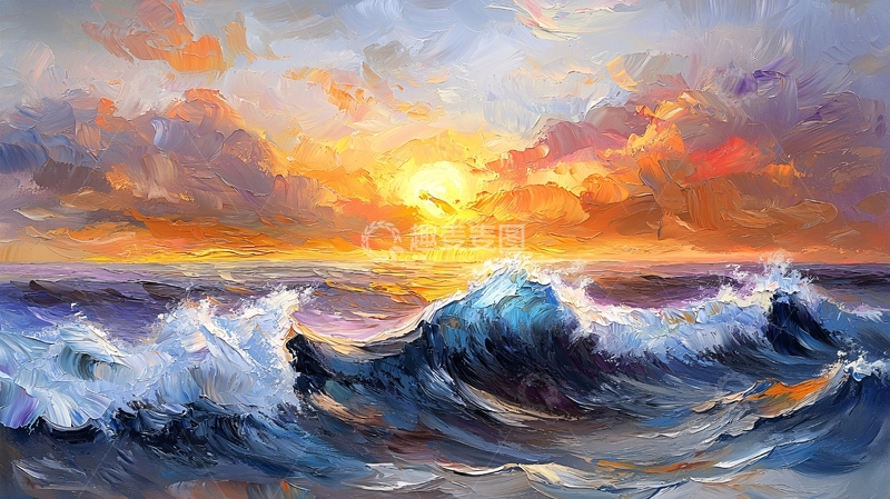 高清大图下载【趣麦麦图】海浪夕阳油画风格