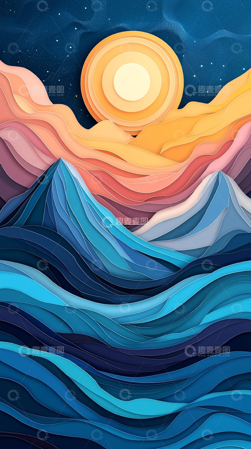 高清大图下载【趣麦麦图】抽象山水剪纸风格插画