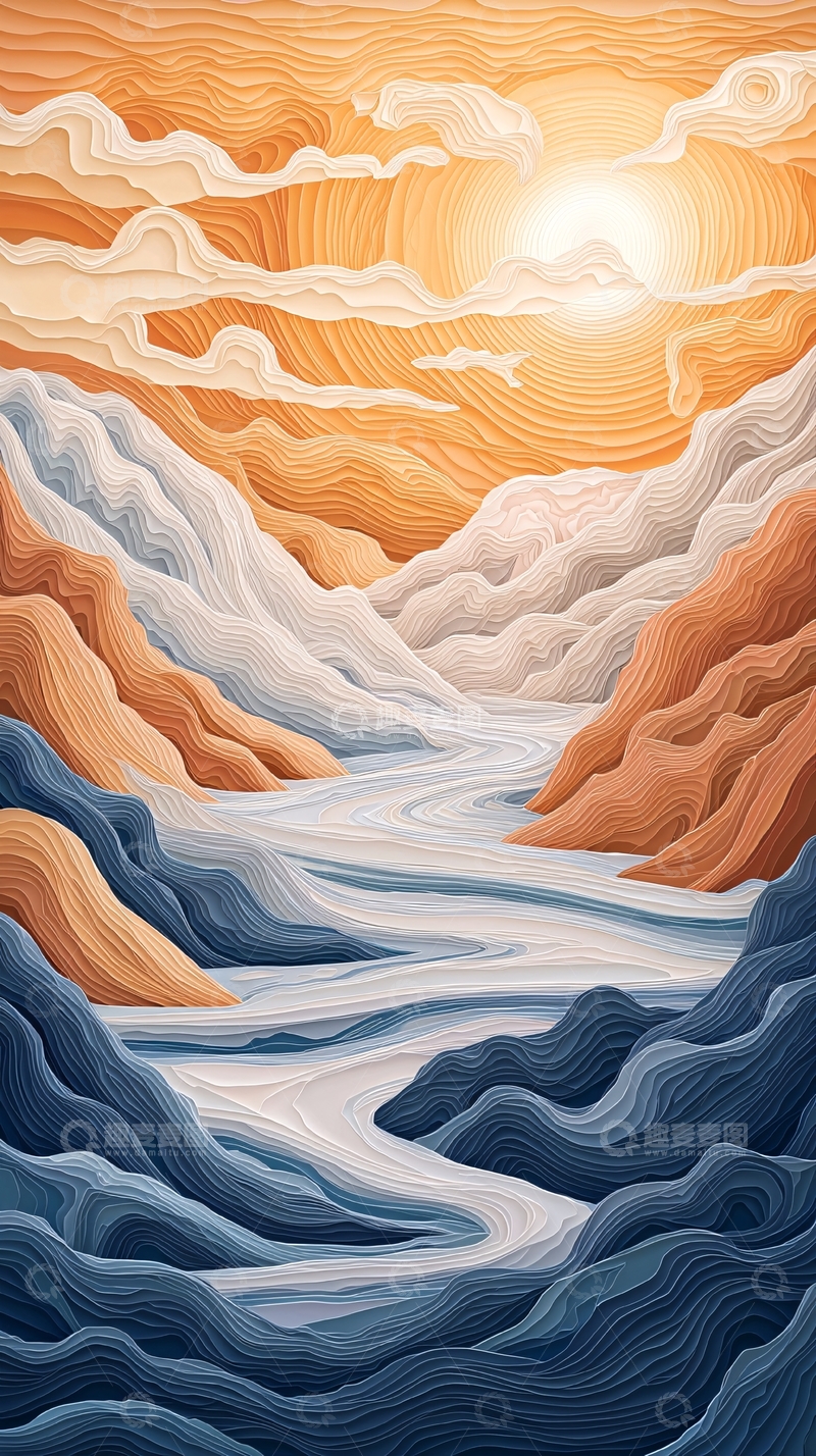 高清大图下载【趣麦麦图】山间河流橙蓝色调唯美风