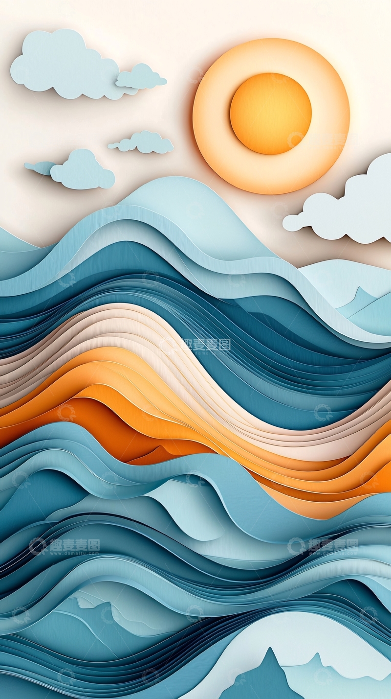 高清大图下载【趣麦麦图】抽象波浪山脉与太阳