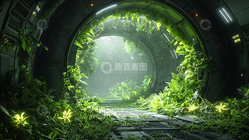 高清大图下载【趣麦麦图】未来科技废墟中的绿色植物