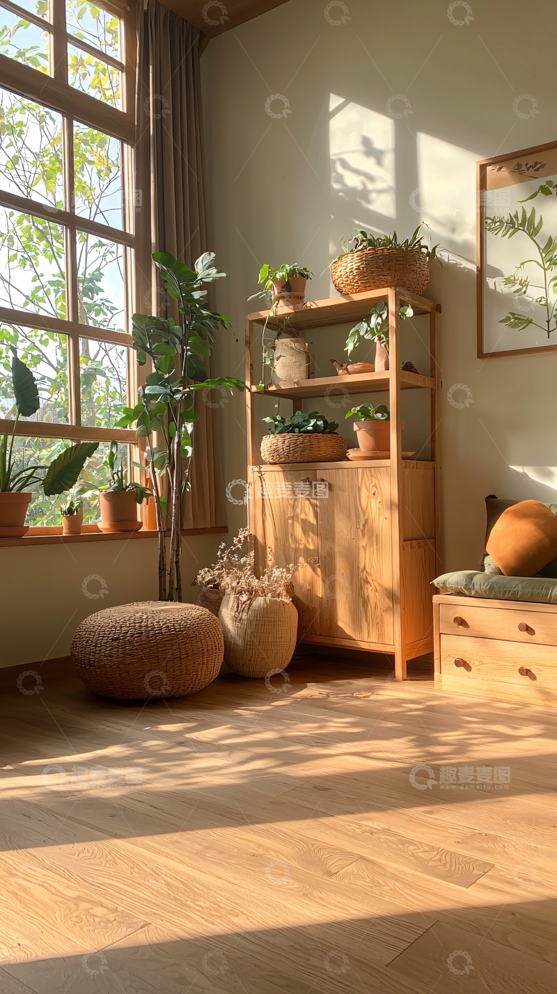 高清大图下载【趣麦麦图】-阳光洒落的室内绿植角落