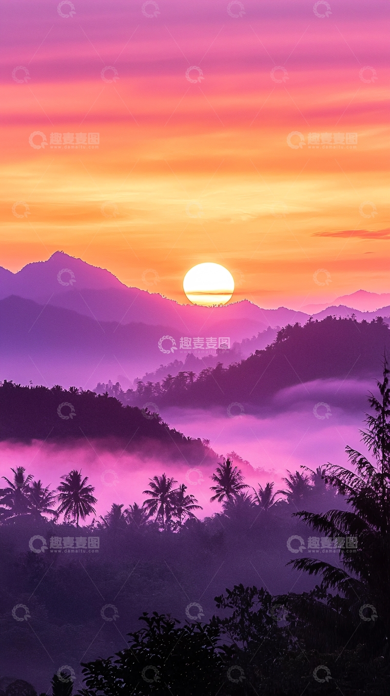 高清大图下载【趣麦麦图】紫色山峦日落美景