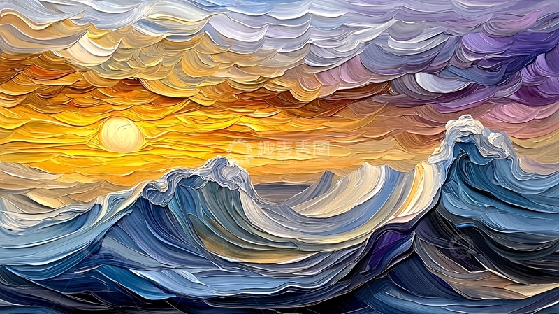 高清大图下载【趣麦麦图】波涛汹涌的日落海景