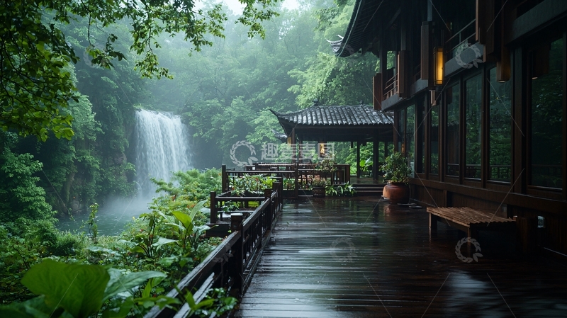 高清大图下载【趣麦麦图】雨中瀑布旁的木质建筑