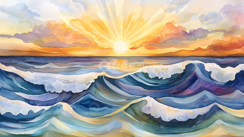 高清大图下载【趣麦麦图】海面日出光芒四射