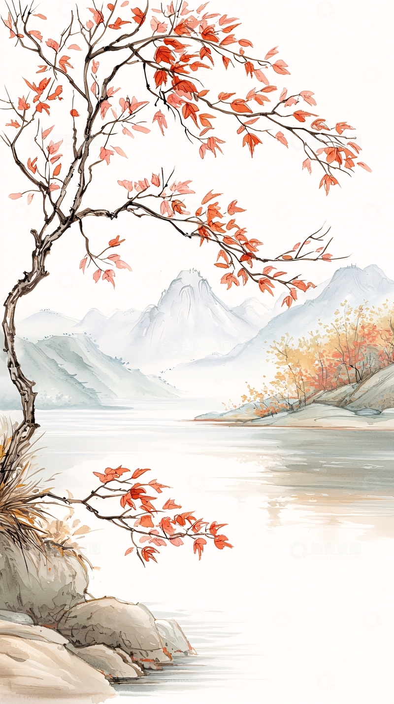 高清大图下载【趣麦麦图】红色枫叶山水风景画