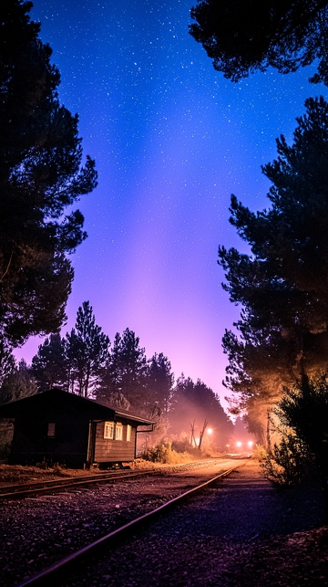 星空下的铁轨小屋