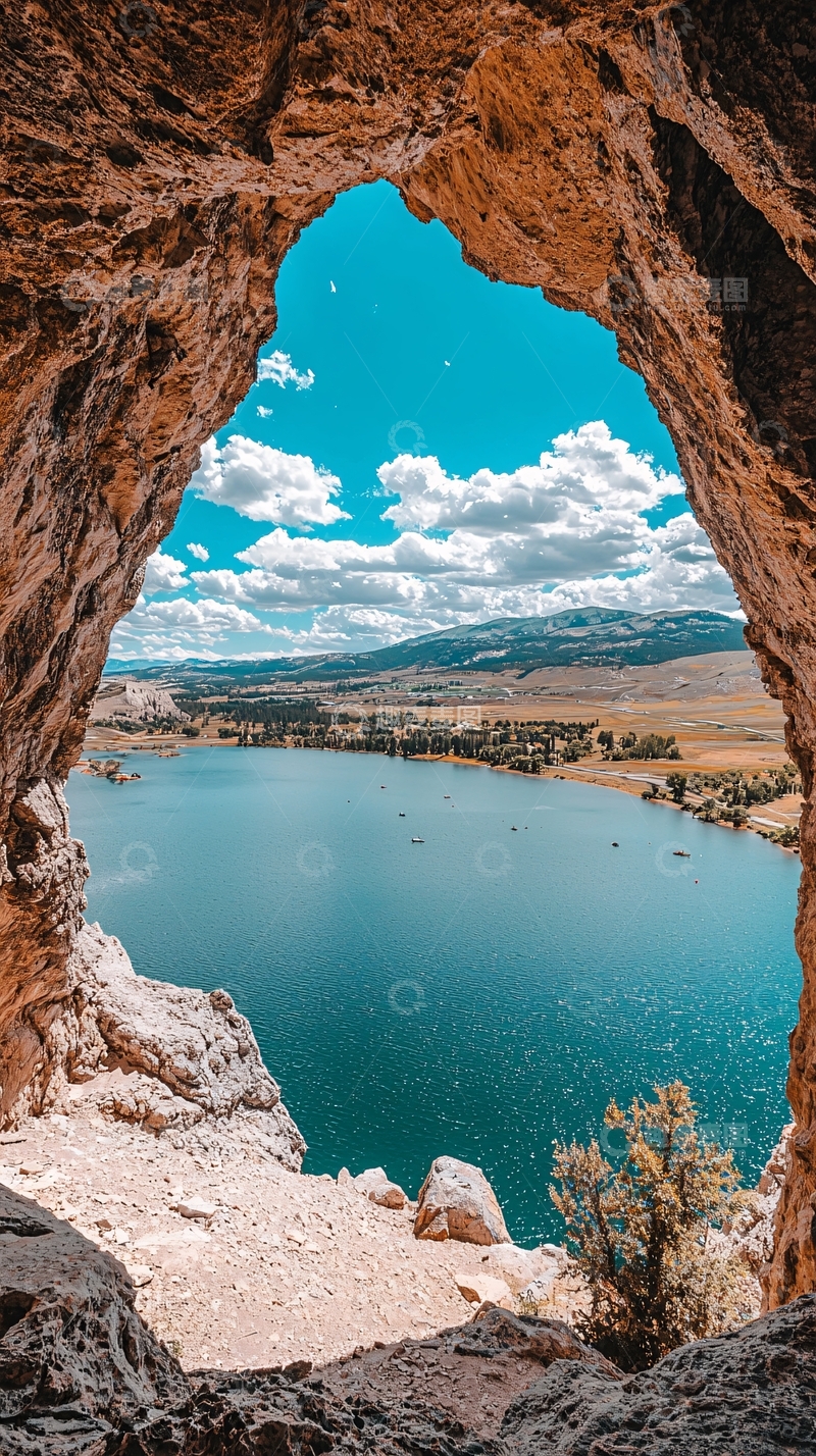 高清大图下载【趣麦麦图】山洞视角下的湖光山色
