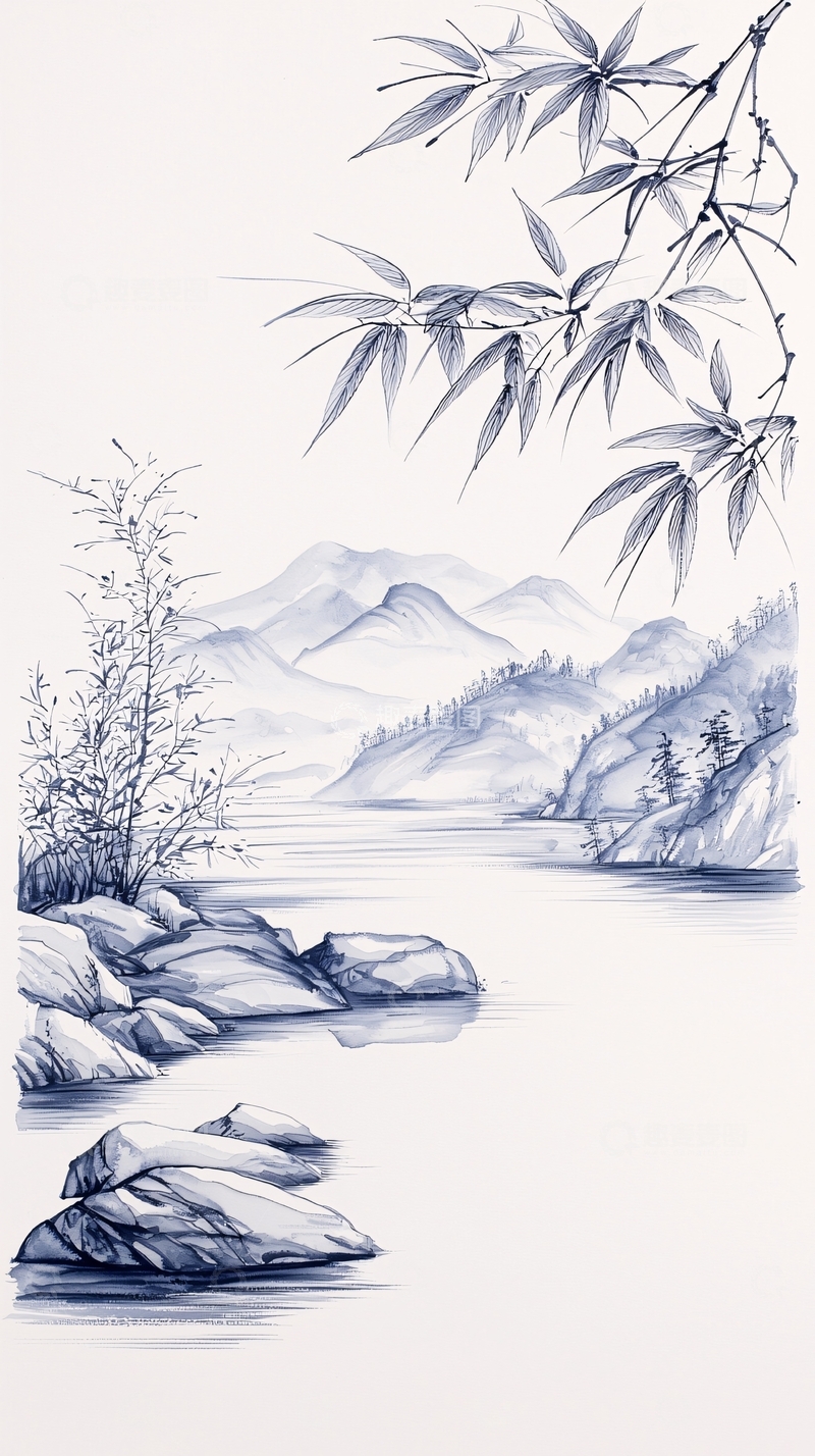 高清大图下载【趣麦麦图】水墨山水竹子青色风格国画