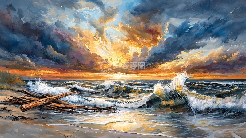 高清大图下载【趣麦麦图】波涛汹涌的海面上的日落