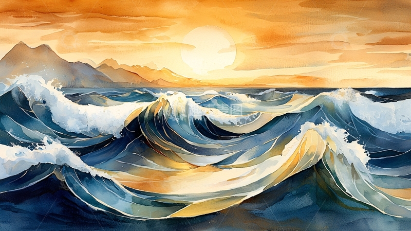 高清大图下载【趣麦麦图】海浪翻滚的日落