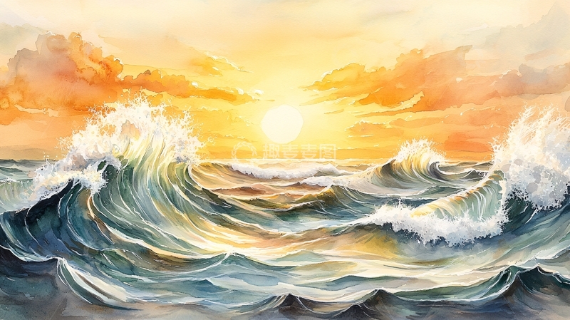 高清大图下载【趣麦麦图】壮丽的日出海景油画