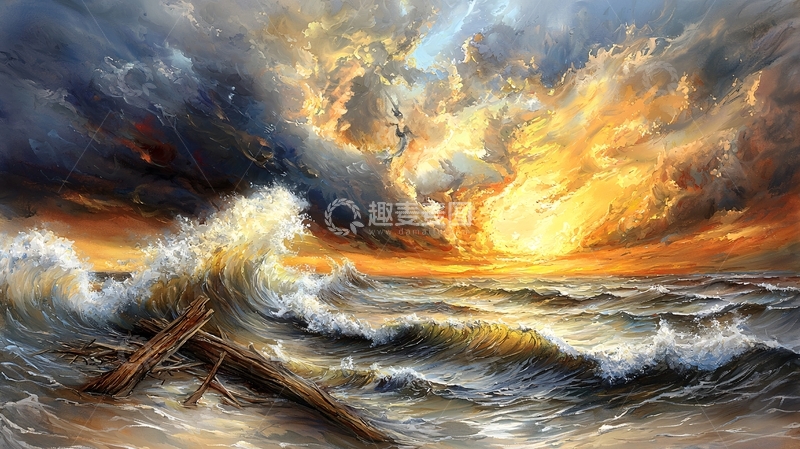 高清大图下载【趣麦麦图】波涛汹涌的日落海景