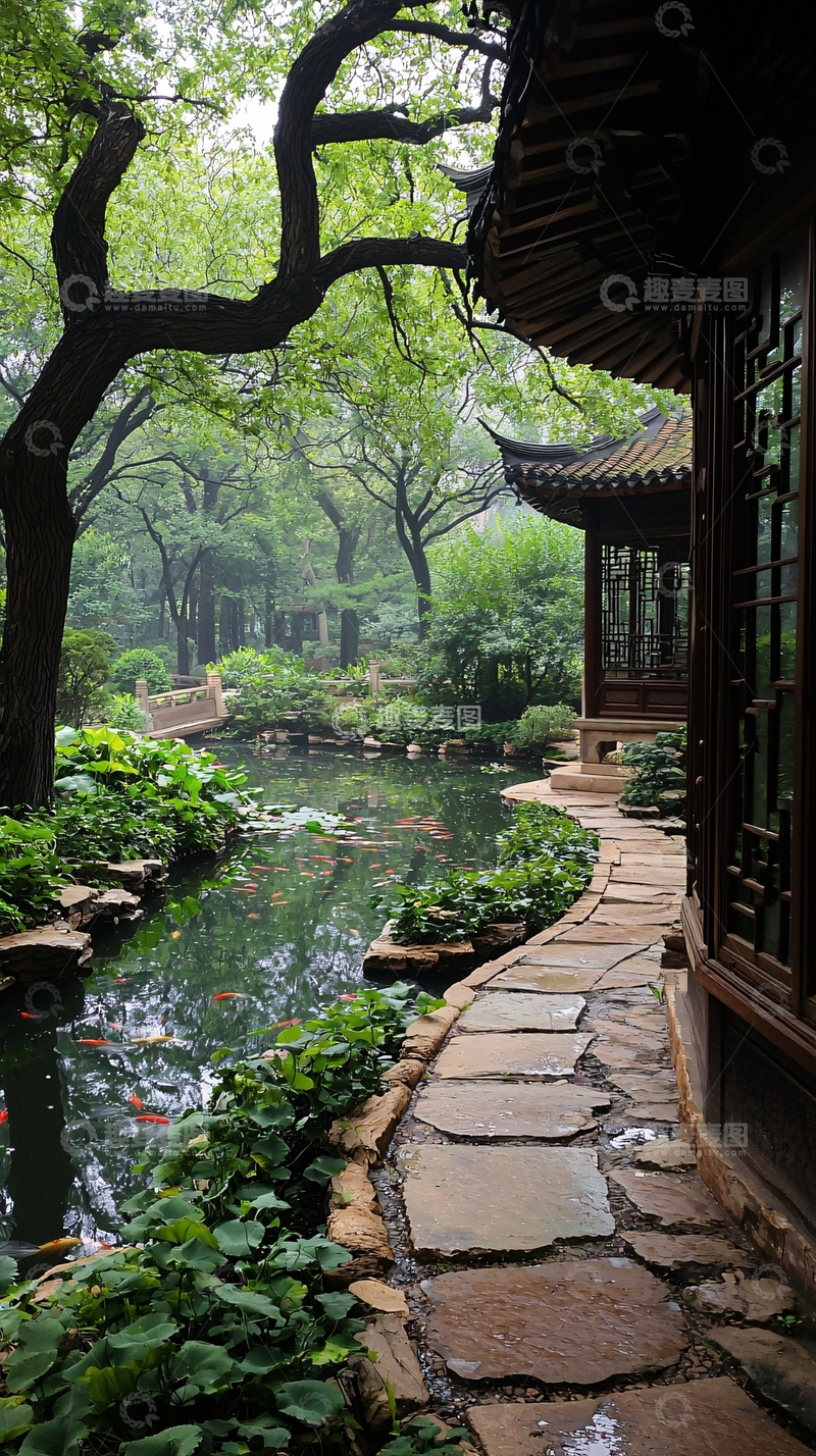 高清大图下载【趣麦麦图】江南园林池塘亭台楼阁