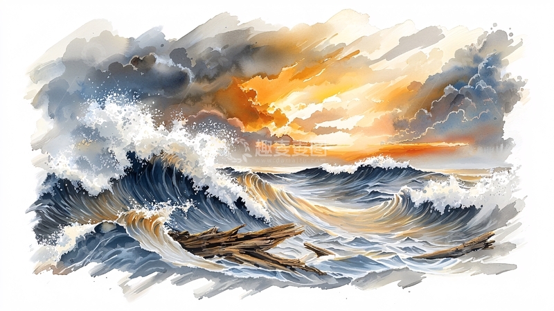 高清大图下载【趣麦麦图】海浪涌动水彩风格日落