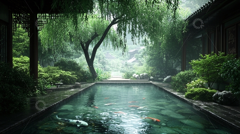 高清大图下载【趣麦麦图】中式庭院水景静谧唯美